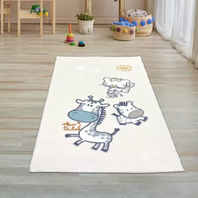 Zdjęcie produktu dla Dywanik do pokoju dziecięcego miękki kremowy żyrafa zebra rozmiar - 80 x 150 cm