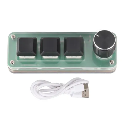 A product shot of a small mechanical keyboard with three keys and a rotary knob, along with its USB cable, against a white background.
