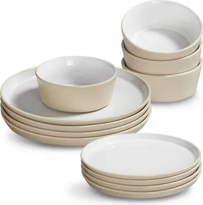 Produktbild von Moderne 12-teilige Geschirrset für 4 Personen - Rustikales Bauernhofdesign, hellbeige