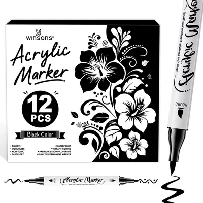 Zdjęcie produktu dla Markery akrylowe, czarne, 12 sztuk, wodoodporne, o wysokiej krycie, permanentne, z podwójną końcówką