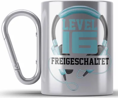 Produktbild von Trendation - 16. Geburtstag Edelstahl Tasse Karabiner Jungen Jungs Geschenk 16er Geschenkidee 16 Sohn Gamer Zocker Sprüche Lustig (Silber)