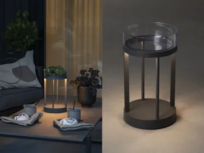Produktbild von Konstsmide Chieti LED Laterne  |  Indoor/Outdoor   |  regenfest  |  USB   |  grau  |  Aluminum/Glas Dekoschale  |  Akkulaufzeit bis zu 20h  |  7821-300