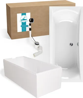 Produktbild von Calmwaters® Rechteck Badewanne Komplettset 180x80 cm mit Wannenträger & Ablaufgarnitur, Acrylwanne Modern Curved, Duowanne für 2, Set Badewanne komplett, Rechteckbadewanne 180 x 80, Weiß, 99000159