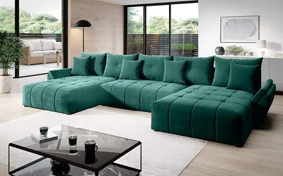 Produktbild von Vigo Velvet Monolith Ecksofa in U-Form 382 cm x 190 cm - Schlafsofa mit Bettkasten - Couch mit Stauraum und Kissen - Sofa mit Schlaffunktion - Ausziehbares Schlafsofa - Farbe: Grün (M-37)