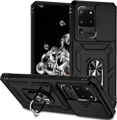 A black phone case with a ring holder and a sliding camera cover is displayed from multiple angles.