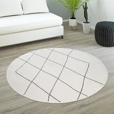 Immagine prodotto di Tappeto rotondo per soggiorno a pelo corto con motivo a rombi scandinavo moderno chiaro Dimensioni 120 cm rotondo