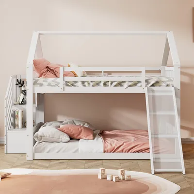 Immagine prodotto di Letto a castello Flieks 140x200cm, letto a soppalco con scale, letto per bambini con scivolo e scale, letto casa con rete a doghe, letto a castello in legno massiccio per bambini