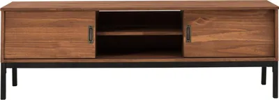 Produktbild von Lowboard SELMA 145 cm aus Massivholz, Kastanie Finish - Fernsehtisch Fernsehschrank im industrial Design mit 2 Schiebetüren 1 offenes Fach