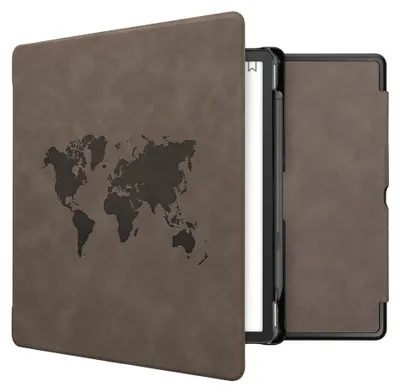 Produktbild von kwmobile Schutzhülle für Amazon Kindle Scribe (2022/2024) Hülle - eReader Case aus Kunstleder mit Auto Sleep Funktion - Travel Umriss mit Grau