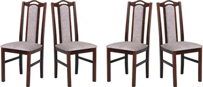 Four dining chairs arranged in a row against a white background.