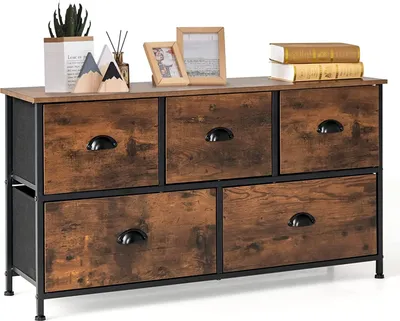 Produktbild von GOPLUS Kommode mit 5 Schubladen, Sideboard mit klappbaren Schubladen, verstellbaren Fußpolstern, Stahlrahmen & Holzplatte, Schubladenschrank für Schlafzimmer, Eingangsbereich, rustikales Braun