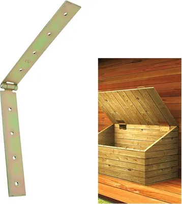A metal hinge is shown on a white background, and a wooden chest with an open lid is shown on a wooden deck.