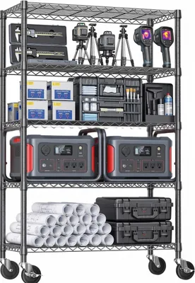 Image de Étagère robuste sur roulettes, 5 niveaux, étagère métallique réglable en hauteur, capacité de charge de 454 kg, dimensions 117 x 46 x 183 cm, idéale pour garage et cuisine, étagère à grilles, couleur noire, Image générée par une IA