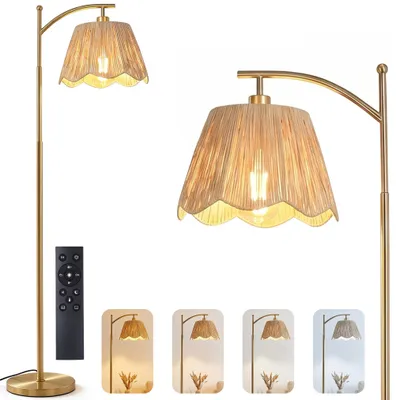 Productafbeelding van Boho staande lamp met handgeweven lampenkap, goudkleurig metaal, 170 cm, met afstandsbediening, dimbaar, 9W, E27 fitting, geschikt voor woonkamer en slaapkamer