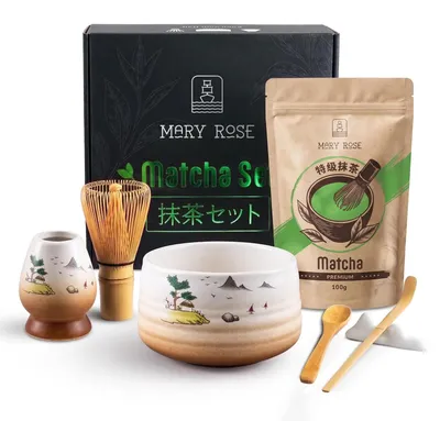 Produktbild von Mary Rose - Matcha Tee Geschenkset Premium 100g - Mit Beige Keramik Matchawan Schale Sangaku 500ml, Kusenaoshi - Bambus Chasen, Besen, Chashaku
