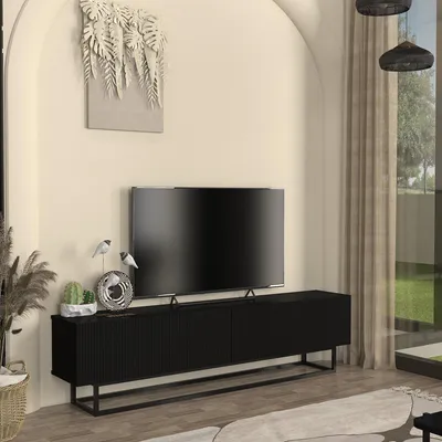 Productafbeelding van TV-meubel 'Verpsboga' met 2 draaideuren, laag model, afmetingen 180 x 32 x 47 cm, zwart