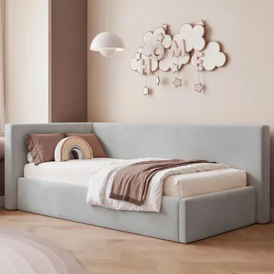 Produktbild von Eckbett Jugendbett Sampre 100x200 cm Hellgrau Links Velvet – Bettkasten, Metalllattenrost