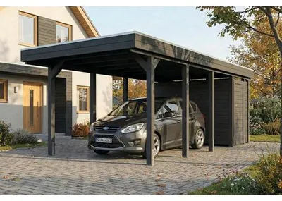Produktbild von Einzelcarport SKAN HOLZ Friesland inkl. Abstellraum, Pfostenanker 320 x 708 cm anthrazit