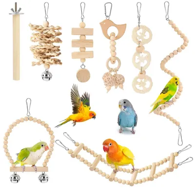 Image de 8 jouets pour oiseaux, adaptés aux perruches et aux canaris, à suspendre, en bois naturel