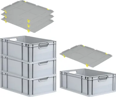 Produktbild von SuperSparSet 4x Eurobox NextGen Grip mit Auflagedeckel inkl. 4 gelben Schiebeschnappverschlüssen | HxBxT 22x40x60cm | 44 Liter | Grau | Griffe offen | Verstärkter Boden | Eurobehälter, Transportbox, Transportbehälter, Stapelbehälter