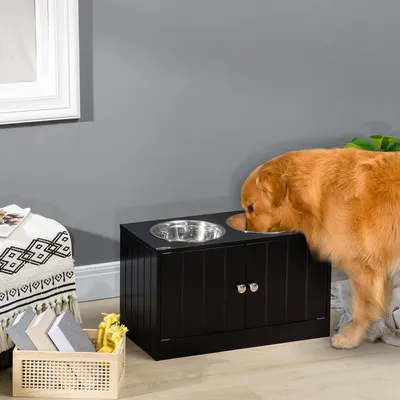 Produktbild von Sweiko Erhöhte Futterstation mit 2 Edelstahlschüsseln und 44 L Stauraum, Magnettüren, für große Hunde, Schwarz