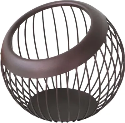 A brown metal wire basket with a wide brim, designed for storage.