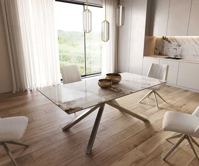Produktbild von DELIFE Esstisch Edge 200x100 Keramik Minas Melange Weiß-Beige Kreuzgestell Rechteck Edelstahl