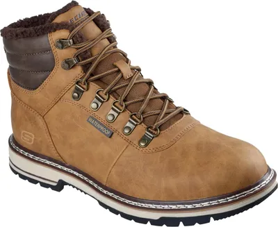 A single brown Skechers boot is shown against a white background.