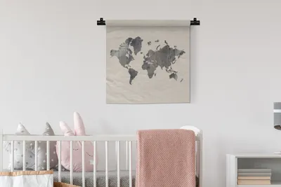 Produktbild von MuchoWow® Wandteppich Wandbehang Weltkarte - Holz - Grau 60x60 cm Tapisserie Dekoration Wandtuch - Dekorationen - Wand Decke