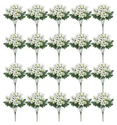 Produktbild von 20 künstliche Chrysanthemen, 20 Köpfe, UV-beständige Kunstseidenblumen mit grünen Blättern, Herbstdekoration für drinnen und draußen, Tischdekoration, künstliche Blüten