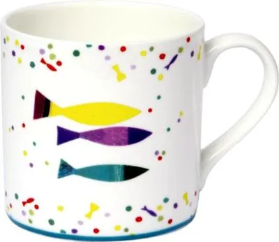 Produktbild von Becher Kaffeebecher Tasse With God's Blessing Fisch Fische Blau Gelb Weiß Lila Rot 350ml Geschirr Porzellan Kommunion Konfirmation Taufe