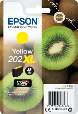 Produktbild von Epson Kiwi Singlepack Yellow 202XL Claria Premium Ink, Hohe (XL-) Ausbeute, Gelb, Tinte auf Pigmentbasis, 8,5 ml, 1 Stück(e), 650 Seiten