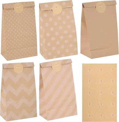 Zdjęcie produktu dla 30 torebek papierowych brązowych 24x13x8cm z naklejką, na prezenty, przyjęcia, Boże Narodzenie