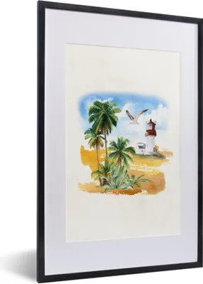 Produktbild von MuchoWow® MuchoWow® Gerahmtes Poster Leuchtturm - Vogel - Palmen - Strand 40x60 cm - Poster mit zchwarzem Bilderrahmen - Poster in Rahmen