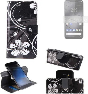 Produktbild von K-S-Trade Schutzhülle Handyhülle kompatibel mit Gigaset GS195 Hülle 360° Wallet Case ''Flowers'' Klapphülle Hülle schwarz-weiß 1x