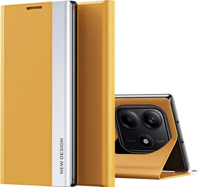 A yellow flip case for a smartphone is shown, partially open to reveal the phone's camera.