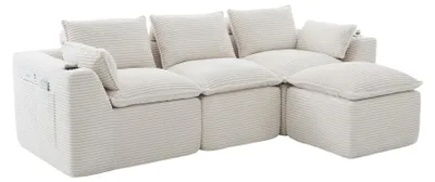 Image de Canapé modulable 3 places avec pouf et coussins tissu chenille beige