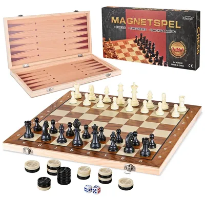 Produktbild von Omgoods – 3-in-1 Schachspiel aus Holz – Klappbares Schachbrett für Zuhause und Reisen