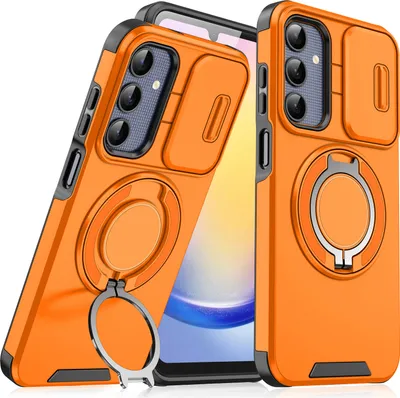 Immagine prodotto di Custodia a doppio strato per Samsung Galaxy A25, con copertura scorrevole della fotocamera e supporto ad anello magnetico Arancione