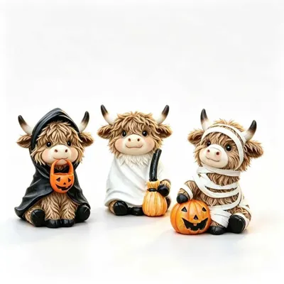 Produktbild von 3er Set Halloween Highland-Kuh Figuren Geist Mumie Kürbis Deko Tisch Regal Kamin Herbstdeko - Modell: Sx-1Set