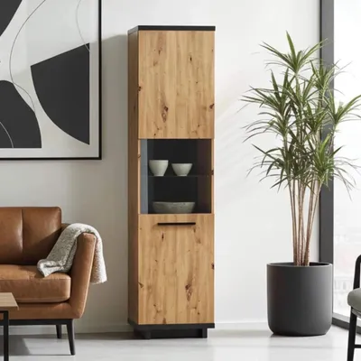 Produktbild von Vitrine Ines 50 cm mit LED-Beleuchtung – Holzoptik & Schwarz, 1-türig Teilverglast, Standvitrine 200 cm Hoch, Loft Design