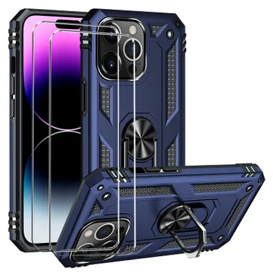 A blue protective case for an iPhone, shown with a screen protector, and a ring stand on the back.