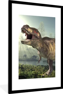 Produktbild von MuchoWow® Gerahmtes Poster Dino - Gras - Zeichnung - Kinder - Jungen 60x90 cm - Poster mit Schwarzem Bilderrahmen Wandposter Rahmen Foto Bilder - Dekoration - Wandposter Wohnzimmer - Hochwertig