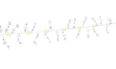 A string of snowflake-shaped LED lights on a white background.