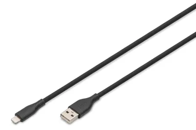 Zdjęcie produktu dla Digitus Silikonowy kabel połączeniowy Lightning, USB-A - Lightning 0,5 m, czarny, 0,5 m, Lightning, USB A, Męska, Męska, Czarny