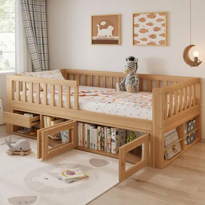 Produktbild von Flieks Kinderbett 90x200cm mit Schublade und Stauschrank, Kinder Klassisches Bett Einzelbett mit Rausfallschutz, Jugendbett Naturbelassen