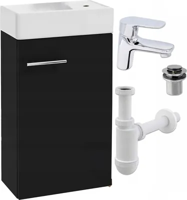 Produktbild von Stamar | Badezimmerschrank, mit Waschbecken, Schwarzer Wand-Unterschrank, mit Waschbecken, 40 cm, mit Armatur und Siphon, Klick Klack