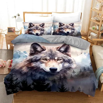 Obrázek produktu pro Omgoods – Sada povlečení s motivem vlka, rozměr 200 x 200 cm, včetně povlaků na polštáře