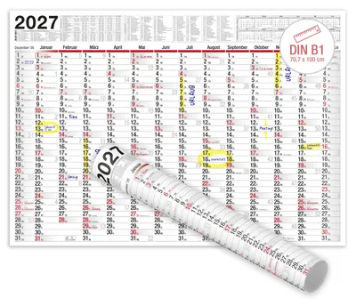 Produktbild von Wandkalender 2027 XXL B1 Gerollt 70x100 cm Jahresplaner Feiertage Ferien DE AT 14 Monate