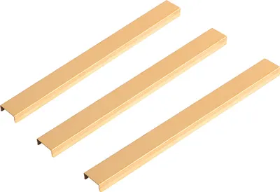 Three gold-colored decorative strips are arranged diagonally on a white background.